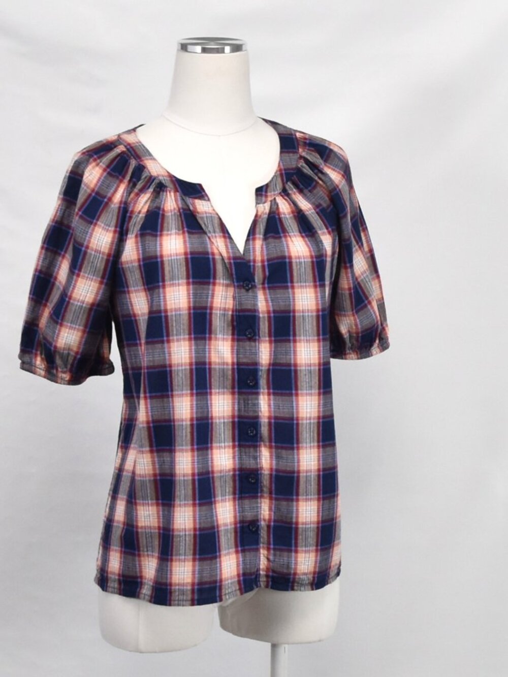 St. John's Bay Plaid Peasant Blouse Short Puff Sleeve Top Navy Red